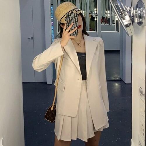 Ladies Suit Autumn New Pure Color Fashion Waist Single Button Top Slim Pleated Skirt Set Two-piece Temperament Women