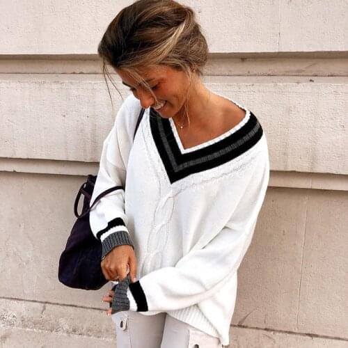 Striped Oversize Female Knitted White Sweaters For Women Pulovers Ladies Winter Jumper 2020 Autumn V Neck Long Sleeve Warm Top