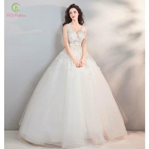 SSYFashion New Elegant Wedding Dress The Bride Married Sweet Lace Flower Beading V-neck Sleeveless Floor-length Wedding Gown