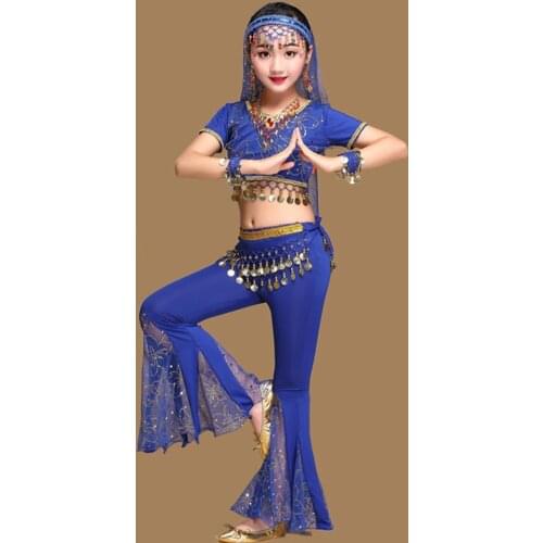 2018 Sari Dancewear Children Indian Outfits Bollywood Clothing Belly Dance Costume Set 5pcs (Top, Belt, Pants, Veil, Hair hoop)