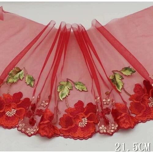 8.5"21.5cm Wide -2yards/lot Red Embroidered Floral Tulle Lace Trim ,Mesh Embroidery Lace Trim