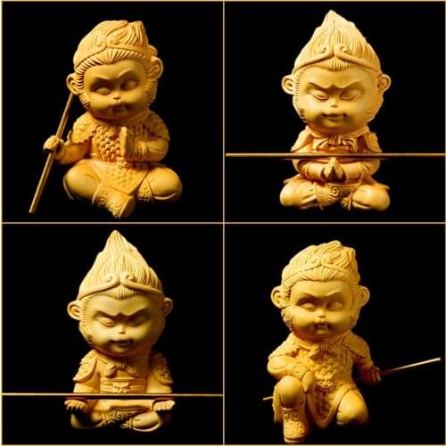Wooden Fire Monkey King Statue Solid Wood Carving Sun Wukong Chinese Mythical Character Sculpture Mini Statue Home Decorations