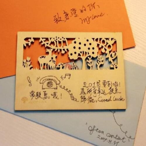 Animal hollow-out wooden veneer Embellishment 4patterns(good luck/best wishes/thank you/good day) post card design