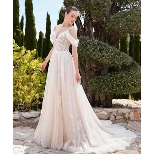 Elegant Fairy Wedding Dresses 2021 A-Line Off Shoulder Lace Appliques Backless Sweep Train Bridal Gown Vestidos De Noiva