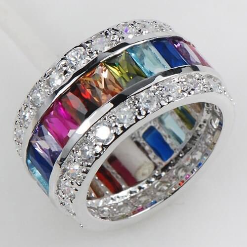 Morganite Blue Crystal Zircon Garnet Pink Crystal Zircon Women 925 Sterling Silver Ring KR07 Size 6 7 8 9 10 11 12