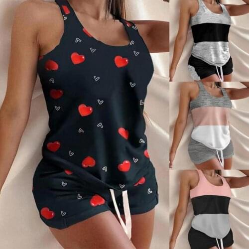 Summer Women Pajama Set Sexy Color Block Drawstring Female Sleeveless U Neck Shoulder Strap Casual Sleepwear Sleeping Suit