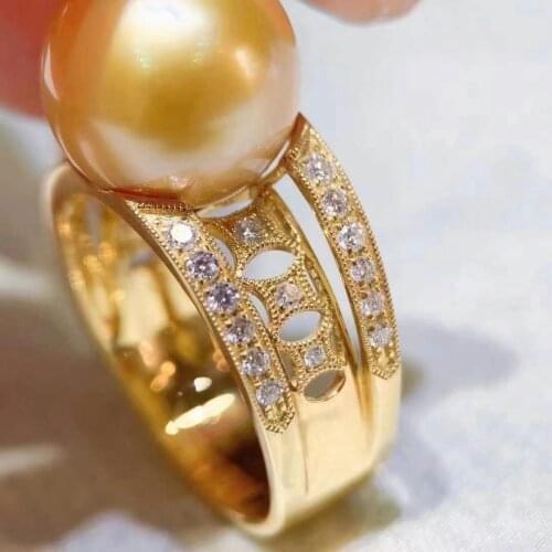 M402 Solid 925 Sterling Silver Round Fresh Water Golden Pearls 10-11mm Rings for Women Fine Birthdays Presents