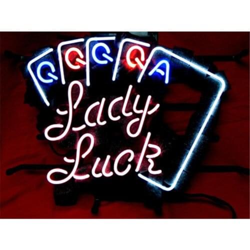 NEON SIGN For LADY LUCK POKER Signboard REAL GLASS BEER BAR PUB display RESTAURANT outdoor Light Signs 17*14"