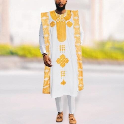 H&D African Clothes for Men Ankara Dashiki Agbada Embroidery Coats Shirts Pants 3 Piece Set Wedding Evening Outfits Robe Suits