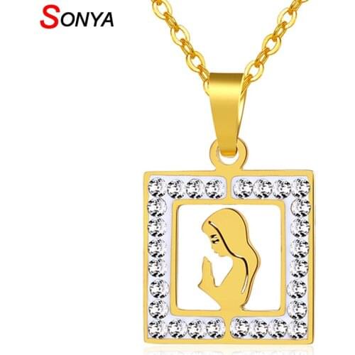 SONYA Stainless Steel Virgin Mary Necklace For Women Jewelry Gold/Steel Color Crystal Square Necklaces Religious Jewelry Gift