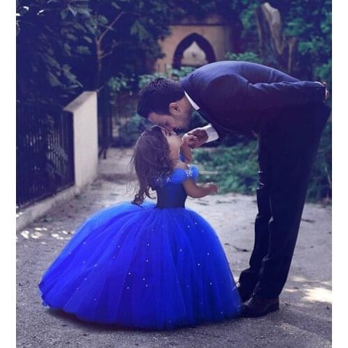 Cinderella Flower Girl Dresses Off Shoulder Blue Ball Gown Princess Kids Pageant First Communion Dresses