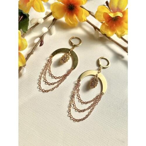 Chandelier pendant pine cone earrings/gold pine cone earrings/plant earrings/chandelier earrings/boho style/aesthetic jewelry