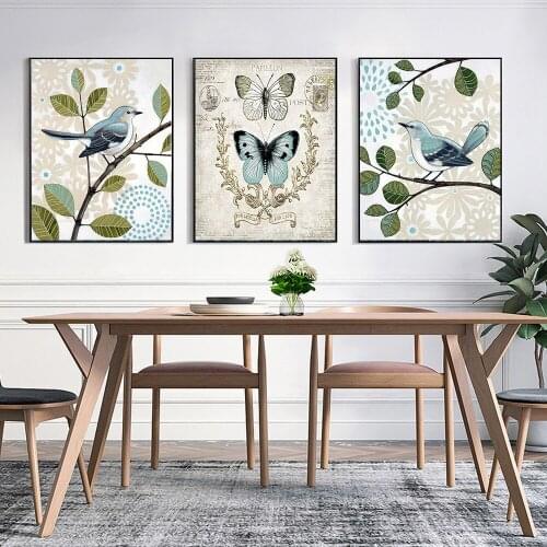 Nordic Style Poster Bird Art Butterfly On Branch Hanging Wall Painting Home Decor Retro Simple Flower Based Canvas HD Printing