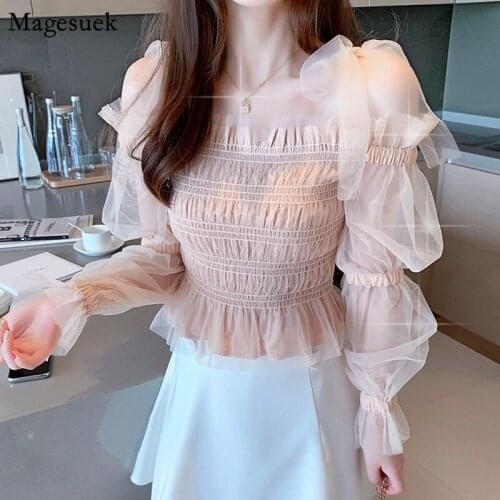 Fashion Sweet Chiffon Shirt Woman Long Sleeve 2021 Korean Off-Shoulder Womens Blouse Off Shoulder Mesh Shirt Blusas Mujer 8735