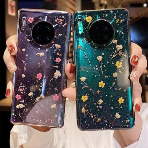 Real Dry Flower Glitter Clear Case For Huawei P20 Lite P30 P40 Mate 20 mate 30 Honor 20 30 Epoxy Star Transparent Case Cover