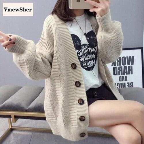 VmewSher New Autumn Spring Women Cardigan Solid Knitwear Loose V-neck Elegant Knitted Top Single Breasted Twist Sweater Coat