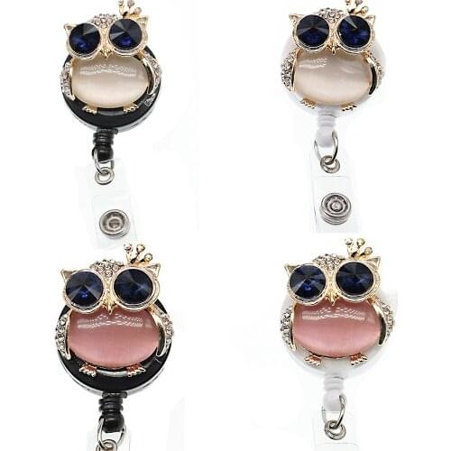 Cute Glass Crystal Crown Owl Rhinestone Wings 360clip Retractable badge holder For Student Card/Gift