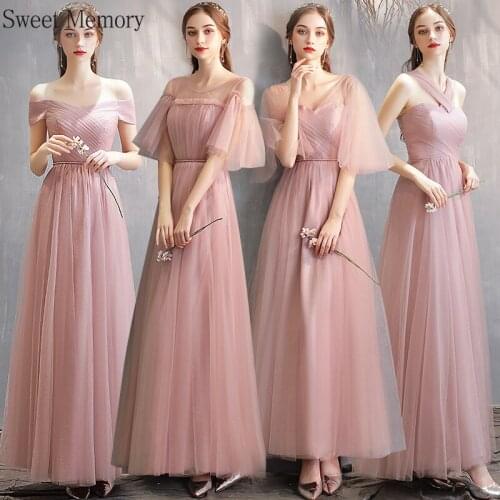 Sweet Memory 2021 Summer Dusty Pink Bridesmaid Dresses Half Sleeve Lace Up Tulle Wedding Party Dress Women Vestidos Long Robes