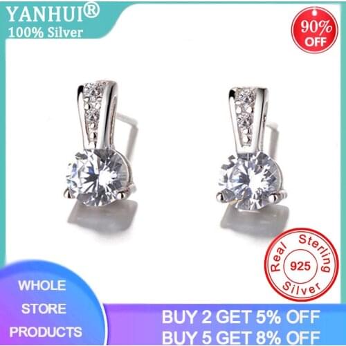 YANHUI 100% Real 925 Sterling Silver Zircon Small Stud Earrings For Women Making Jewelry Gift Wedding Party Engagement E0048