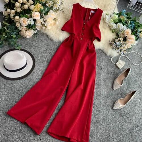 Womens Summer Overalls New Korean Version of Loose Sleeveless Nine-point Wide-leg Pants High-waist Tooling Slim Overalls LL018