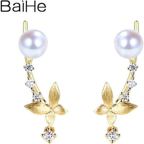 BAIHE Solid 14K White/Yellow/Rose Gold 0.10ct Natural Diamond серьги Wedding Trendy Fine Jewelry Freshwater pearl Earrings Women