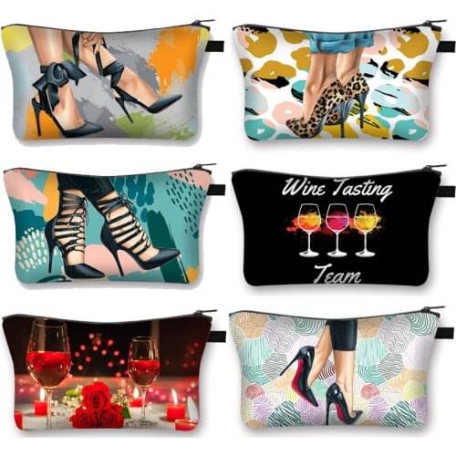 Interesting High-heeled Shoes Print Makeup Case Red Wine Logo Ladies Cosmetic Bag Women Portable Lipstick Bags Travel Essentials