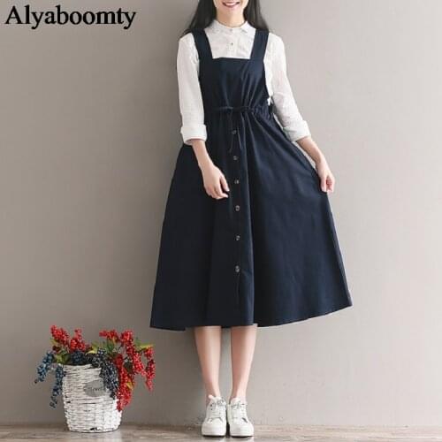 Spring Summer Women Sleeveless Vintage Dress Navy Blue Cotton Linen Casual Loose Vestidos Spaghetti Strap Female Dress M- 2XL