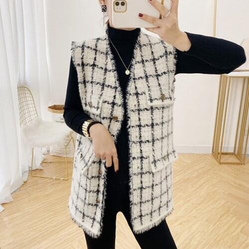 Plaid Sweater Vest Women Autumn V-neck Knit Vest Smalll Fragrant Wind Sleeveless Knitted Cardigan Knit Top Chaleco Punto Mujer