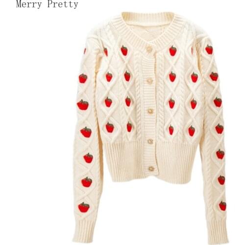 Strawberry Embroidery Knitted Casual Women Cardigans 2021 Spring Vintage Full Sleeve O-neck Sweaters Korean Casual Jumpers Tops