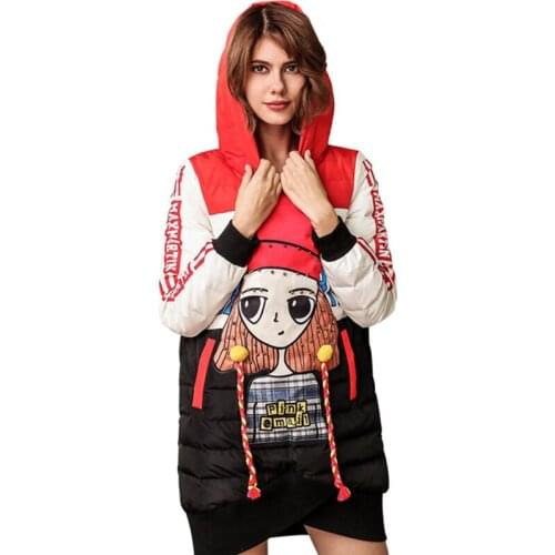 Female Winter New Hooded Down Jacket Fashion Cartoon Girl Print Parkas Women Casual Loose Long Coat Harajuku Beading Overcoat