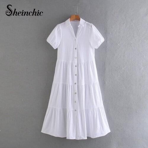 Casual White Shirt Dress 2021 Summer Fashion Short Sleeve Midi Dresses for Women Robe Femme