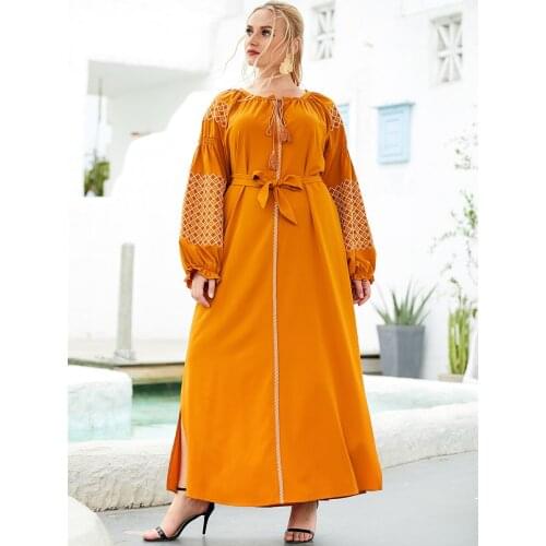 Aligaia Large Size Yellow Rhombus Embroidery Dress For Women 2021 Summer Dubai Turkey Muslim Fashion Dress Islam Clothing Robe