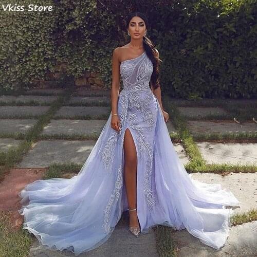 One Shoulder Evening Dresses Meraid Sexy Split Sequin Sweep Train Illusion Backless Tulle Luxury Prom Dress вечернее платье