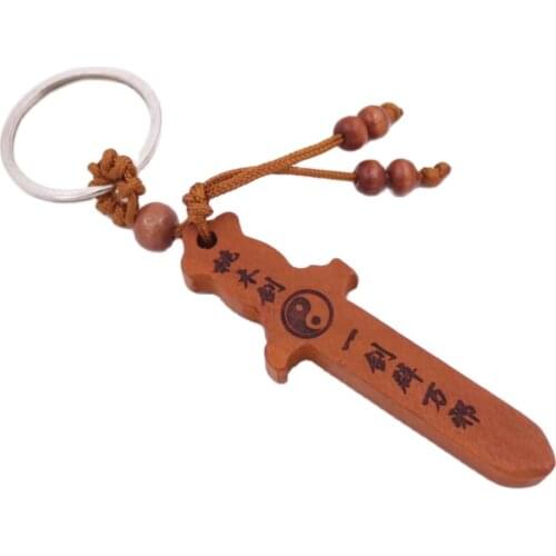 20mmX65mm Peach Wood Sword Carved Eight Diagrams Good Lucky Key Chain 1 PCS