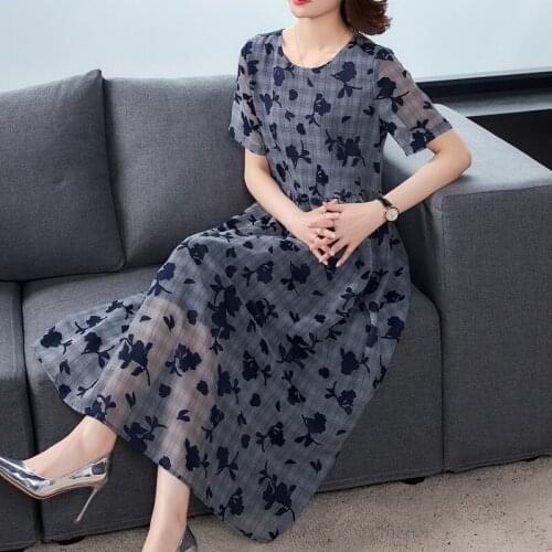 2021 Summer Casual Jacquard Chiffon Midi Dress Women Vintage Floral 3XL Plus Size Gray Beach Dress Elegan Bodycon Party Vestidos