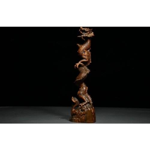 9" China Lucky Seikos Boxwood Chinese dragon statue Chinese Zodiac Dragon Statue Pen hang Pen holder Hang a writing brush