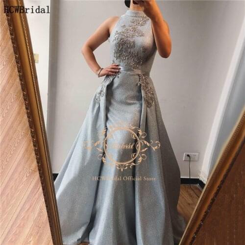 Shiny Silver Dubai Evening Dress Chic Beads Detachable Train Mermaid Long Special Occasion Women Dresses Plus Size Prom Gowns