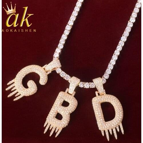 Solid Back Initials Drip Bubble Letters Pendant Necklaces Tennis Chain For Women Gold Color Cubic Zircon Hip Hop Jewelry