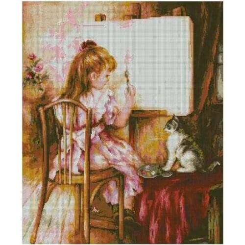 Girl drawing cat kid sewing kit Top Quality Embroidery Needlework 14CT Unprinted Art Cross Stitch Kits DIY Handmade Decor