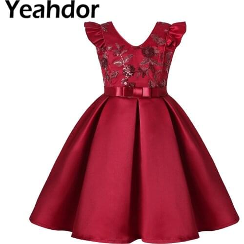 Kids Embroidery Dresses Satin Pleated Elegant Princess Girls Pageant Dress for Wedding Birthday Party First Communion Clothing