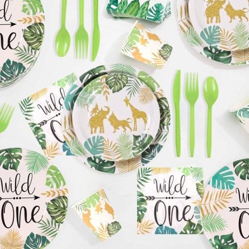 Wild One Birthday Decorations Safari Tableware Sets Disposable Plates Cups Napkins Cutlery Wild One Party Supplies Dinnerware