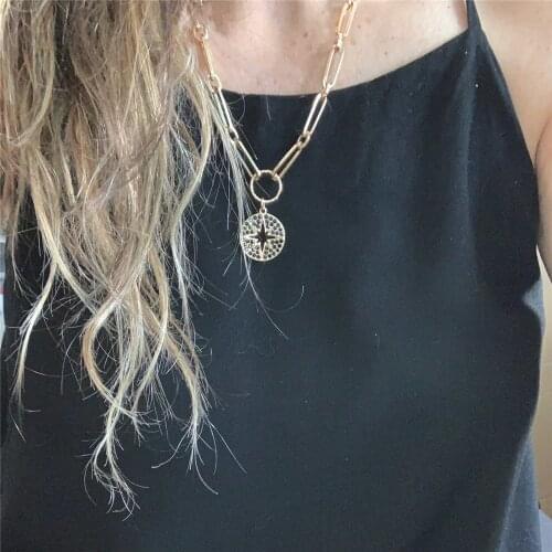 Casual Gold Color Plating Black Stone Decorated Star Hollow Round Disc Long Necklace For Women Girl Boho Gorgeous Pretty Jewelry