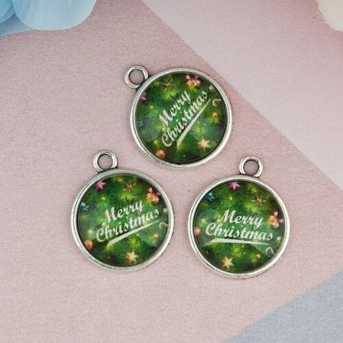 DoreenBeads Zinc Based Alloy & Glass Charms Round Silver Color Green Message " Merry Christmas " 28mm(1 1/8") x 23mm, 10 PCs