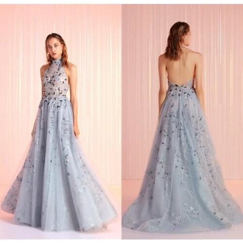 Elegant Lace Evening Dresses Halter Neck Appliques Prom Gowns 2020 Custom Made Open Back Sweep Train Special Occasion Dress