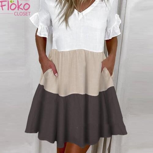Flokocloset Summer Color Stitching Mini Dress Casual V-Neck Butterfly Sleeve Vintage Woman party Dress Vestido De Mujer