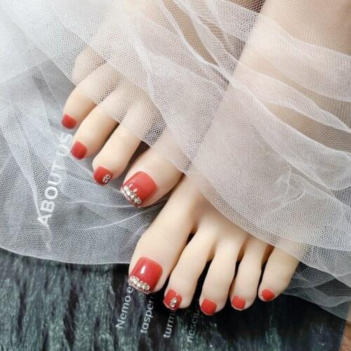 Fake press on toenails Red Flash Diamond Decorative Toe Nail Stickers Finished acrylic nail products 24 Pieces With Glue TN