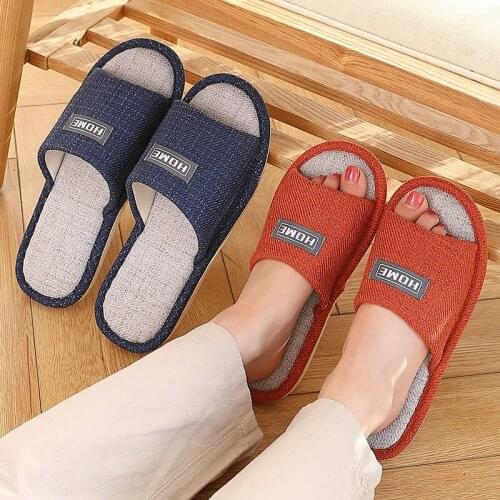 Linen slippers womens home indoor thick-soled couples slip-proof home quiet cotton slippers men house slippers furry slippers
