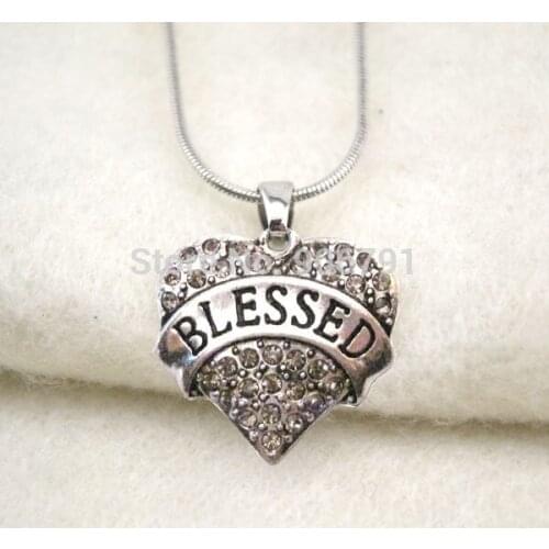 Fashion 50pcs a lot rhodium plated BLESSED with CLEAR crystal heart pendant necklace
