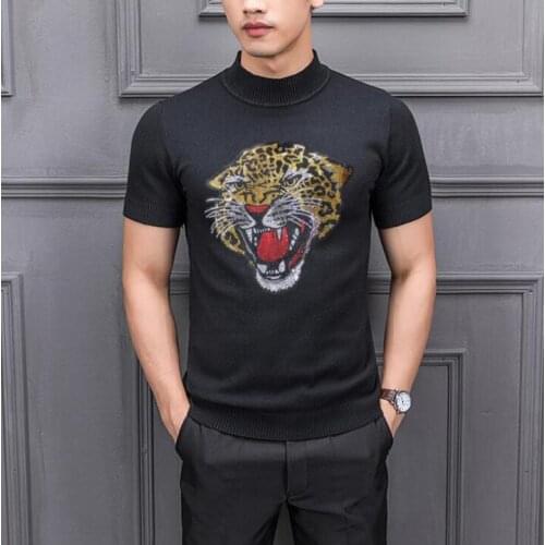 Diamond stone Short Sleeve Knitted Sweaters Male slim fit Pullovers Men Rhinestones 2021 Fashion Warm Knitting Sweater