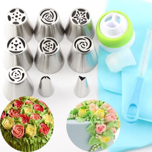 9Pcs Russian Pastry Nozzles Icing Piping TipsAnd 2Pcs Coupler 1 Brush 1 Pastry Bag Sets Stainless Steel Rose Cake Decorating